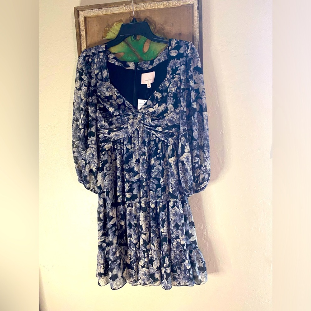 NWT Cenq a Sept Harlie Tiered Ruffle Mini Dress In; Slate Multi size six
